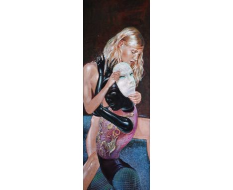 Harald K. SCHULZE (1952)  Mädchen mit Puppe Gemälde - Acryl auf Leinwand, 141 cm x 51 cm, mit handbemaltem Künstlerrahmen 149
