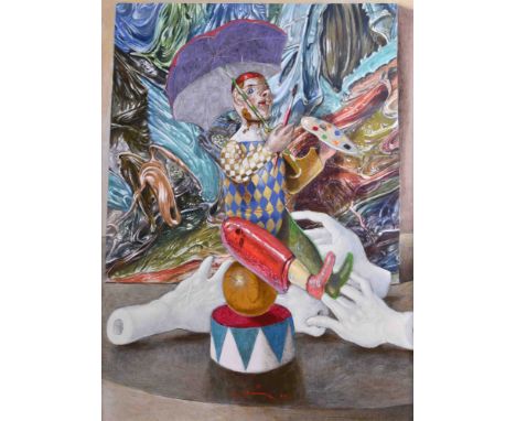 Harald K. SCHULZE (1952)  Selbstbildnis als Harlekin Gemälde - Acryl auf dicker Malplatte, 81 cm x 60,5 cm, gerahmt 92 cm x 7