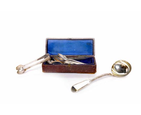 SET OF ELEVEN VICTORIAN SILVER TEASPOONS AND TONGSmaker George Edward & Sons, Edinburgh 1875, each with bright cut engraving 