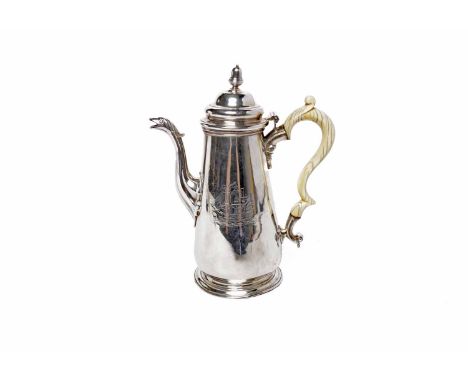 GEORGE II SILVER COFFEE POTmaker's mark indistinct 'J ....', London 1750, the domed hinged cover with acorn finial, engraved 