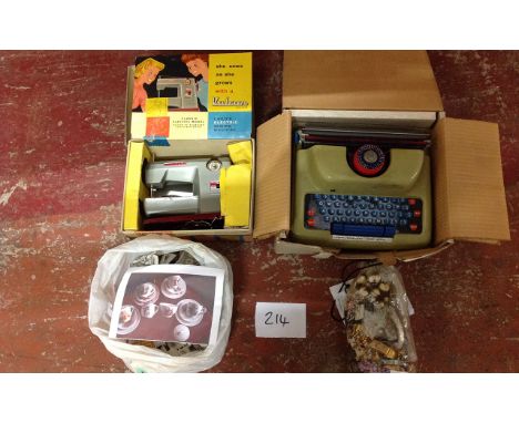 Child's Sewing Machine, Child's Typewriter &  Bag of Costume Jewellery. 