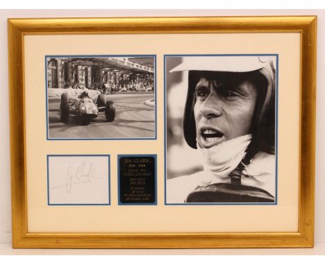 Motorsport: A framed and glazed montage of Jim Clark, comprising a portrait photograph, an action photograph, Clark's signatu
