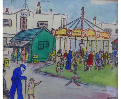 Ernest Hamilton Amor,&nbsp; (1889 - 1967), A Fairground Scene, watercolour and ink, signed,&nbsp; in a card mount but unframe