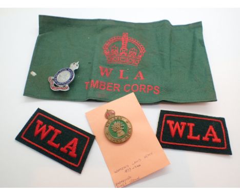 WWII Womens Land Army armband fabric badges enamel badge and a further lifeboat badge 