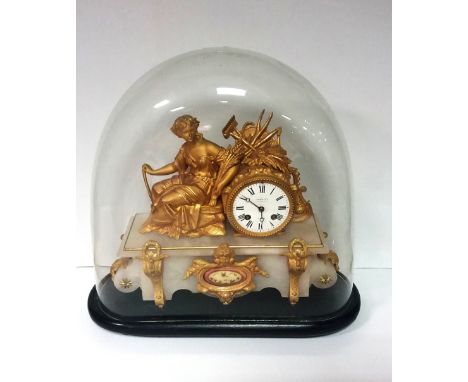 Vict Gilded Mantel Clock in Glass Dome by J W Benson London