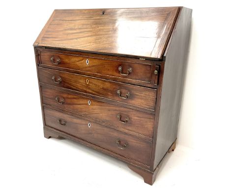 19th century mahogany bureau, single fall front enclosing fitted interior above for graduating drawers, shaped bracket suppor