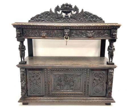 Victorian carved oak buffet sideboard, rectangular moulded top over a leaf and egg and dart cornice, two drawers with scroll 