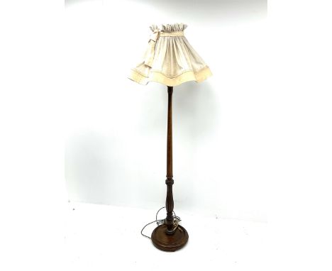 Oak standard lamp with fabric shade, inset carved detail on turned support, pad feetDimensions: Height:&nbsp;160cm&nbsp;
