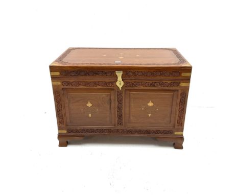 Eastern hardwood inlaid blanket chest, floral carved and applied metal, hinge top enclosing removable tray, detailing, bracke