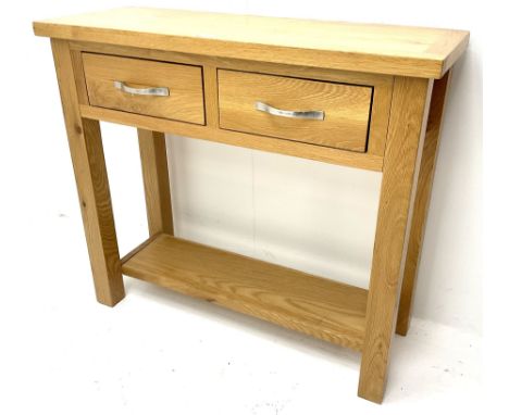 Light oak side table, two drawers, stile supports joined by solid under tIerDimensions: Height:&nbsp;75cm&nbsp; Length/Width:
