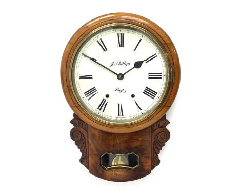 19th century mahogany cased drop dial wall clock, circular Roman dial signed 'J. Phillips, Rugby', figured lower section with