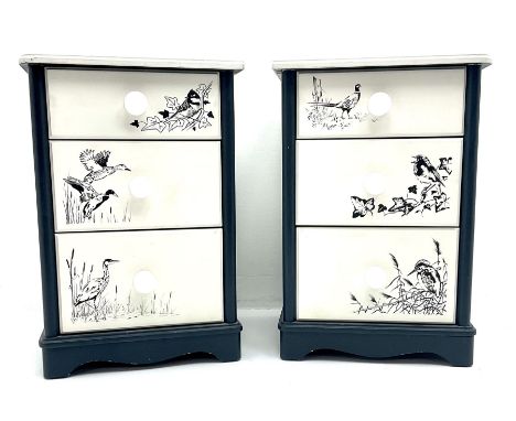 Pair of bedside tables, three graduating drawers, shaped bracket supports Dimensions: Height:&nbsp;71cm&nbsp; Length/Width:&n