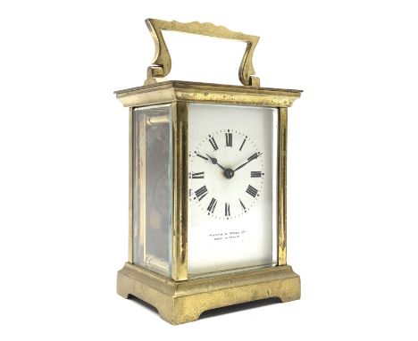 Mappin &amp; Webb - Late 20th century brass carriage timepiece, white enamel Roman dial signed 'Mappin &amp; Webb... Made in 