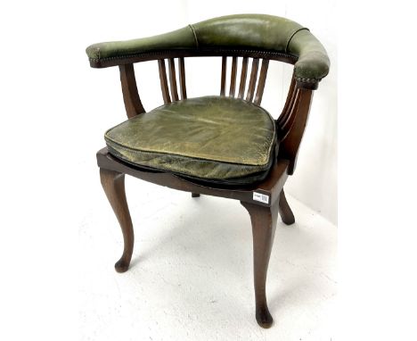 Early 20th century desk chair, shaped arm rail upholstered in studded leather, cabriole legs with loose cushionDimensions: Le