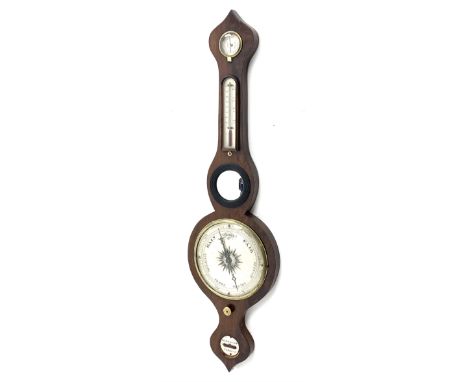 19th century mahogany 'Onion Top' five dial barometer, silvered dial with engraved register and central stylised star motifDi