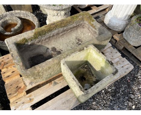 19th century rectangular stone trough and a square planterDimensions: Height:&nbsp;26cm&nbsp; Length/Width:&nbsp;90cm&nbsp; D