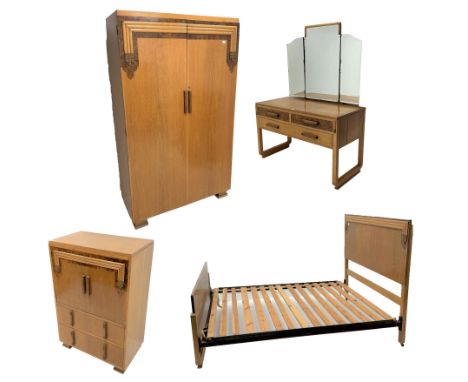 Art Deco period oak and walnut burr wardrobe, two doors enclosing three linen slides and two drawers, sledge feet base (W122c