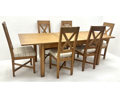 Light oak rectangular extending dining table , square supports (W220cm, H75cm, D91cm) and set six oak dining chairs, upholste