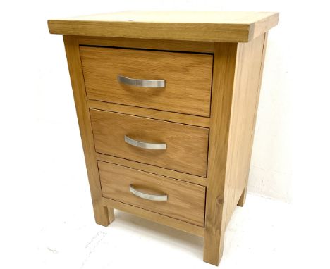 Light oak bedside chest, three drawers, style supports Dimensions: Height:&nbsp;57cm&nbsp; Length/Width:&nbsp;42cm&nbsp; Dept