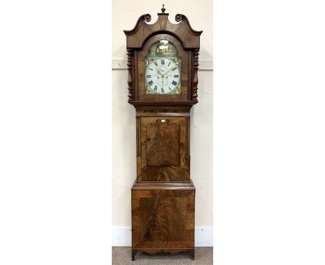 19th century mahogany longcase clock, the hood with scrolled pediment above turned pilasters enclosing stepped arch glazed do