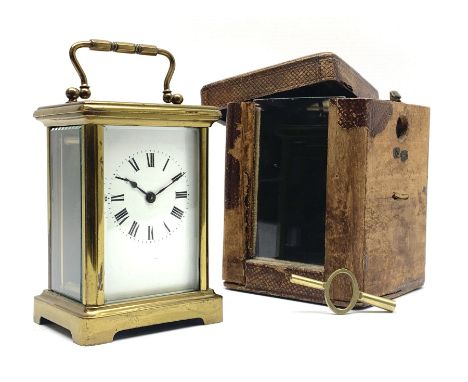 Early 20th century brass carriage clock time piece, white enamel Roman dial, single train driven movementDimensions: Height:&