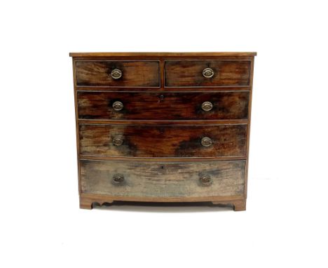 19th century mahogany bow front chest, two short and three long drawers, shaped bracket supports Dimensions: Height:&nbsp;97c