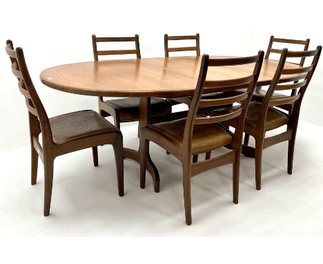 G-Plan teak oval extending dining table, shaped arched supports joined by single stretcher (Wcm, Hcm, Dcm) and set six matchi