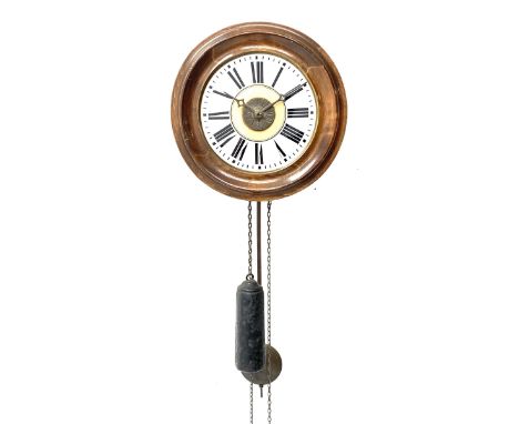 20th century Postman's style alarm wall clock, circular Roman dial in moulded stained beech surroundDimensions: Depth/Diamete