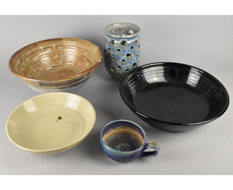 A Collection of Studio Pottery to Comprise Large Ribbed Bowl with Incised Decoration, 34cm diameter, Black Glazed Example, 35