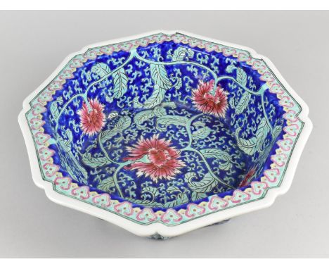 A Chinese Porcelain Wash Bowl of Octagonal Canted Form Decorated in Coloured Enamels on Blue Ground, Red Seal Mark to Base, 3