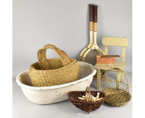 A Collection of Various Vintage Items to Comprise Papier Mache Bath, Wicker Baskets, Metal Basket, Tennis Rackets, Child's Ch