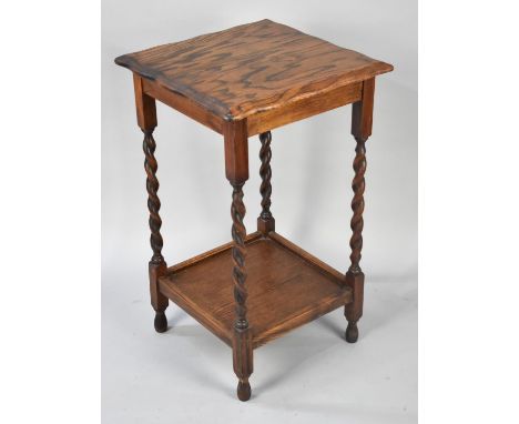 A Mid 20th Century Oak Barley Twist Square Topped Occasional Table with Stretcher Shelf, 74cms High