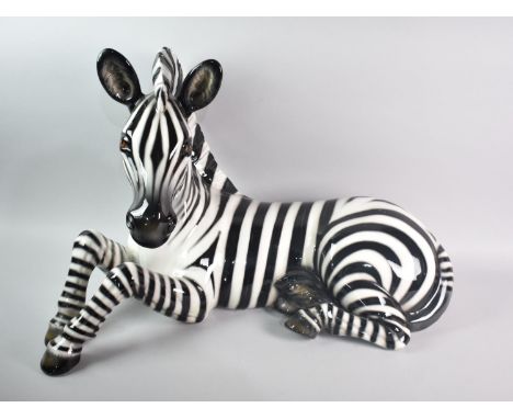 A Large Vintage Italian Ceramic Study of a Reclining Zebra Calf, Hairline to Front Leg, 66cms Long
