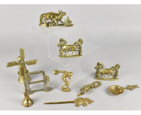 A Collection of Various Brass Ornaments to Comprise Deer Letter Racks, Windmill, London Bridge Letter Rack, Door Knocker etc