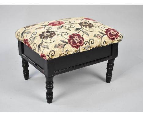 A Modern Lift Top Ebonized Box Stool with Tapestry Upholstery, 40cms Wide