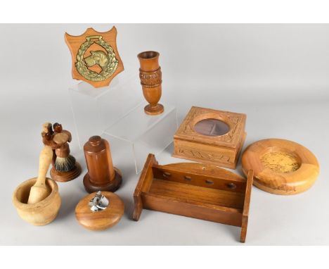 A Collection of Various Treen to Comprise Shaving Brush Set, Lighter, Rack etc