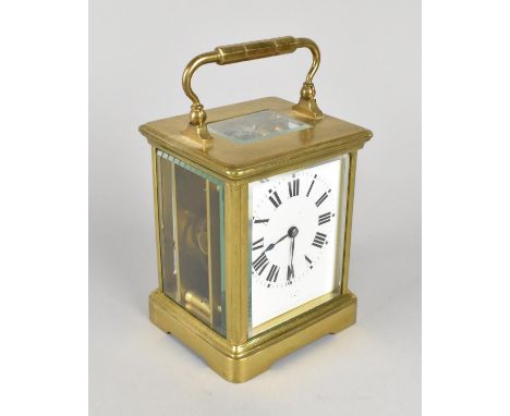 A Mid 20th Century French Brass Cased Carriage Clock with White Enamel Dial, Complete with Key and Working Order, 15cms High