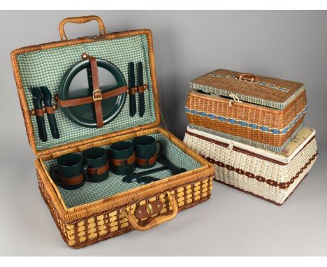 A Wicker Picnic Hamper with Contents Together with Two Wicker Sewing Boxes with Contents