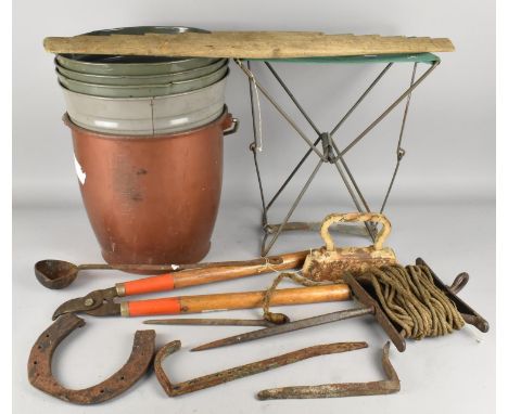 A Collection of Various Vintage Items to Comprise Cast Iron Blacksmith's Ladle, Masonry Jamb J Hooks, Garden Line C.1900, Bin