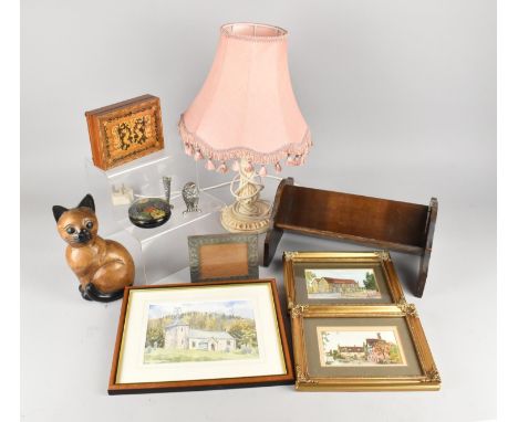 A Collection of Various Sundries to Comprise Book Trough, Wooden Cat, Italian Musical Box, Metal Owl, Watercolours, Country A