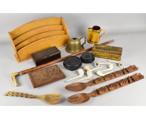 A Collection of Various Sundries to Comprise Tree Black Forest Type Carved Salad Servers, Letter Rack, Vintage Tin, Clay Pipe