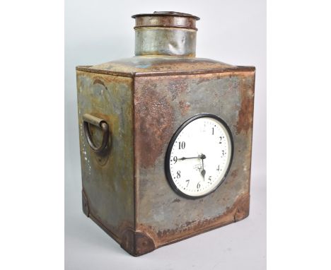 A Metal Two Handled Container Converted to a Mantel Clock, 43cms High