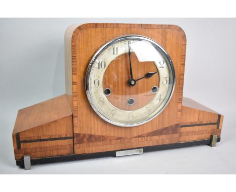 An Art Deco Inlaid Walnut Chime Mantel Clock, 39cms Wide