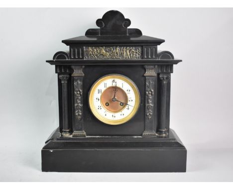 A Late Victorian/Edwardian French Black Slate Mantel Clock of Architectural Form, Some Condition Issues, 37cms Wide and 40cms