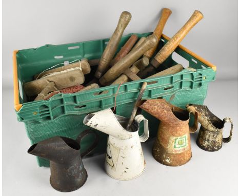 A Collection of Vintage Tools Together with Various Oil Cans to Include Two with BP Labels