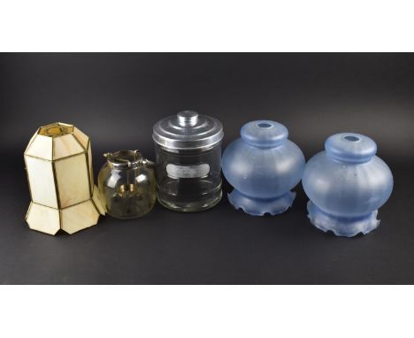 A Collection of Glassware to Comprise Two Blue Glass Shades, Lantern and a Biscuit Barrel Together with a Tiffany Style Shade