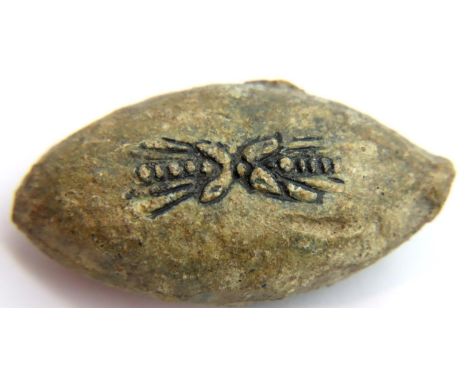 Greek Lead sling shot with engraved Thunderbolt of Zeus. P&amp;P Group 1 (£14+VAT for the first lot and £1+VAT for subsequent