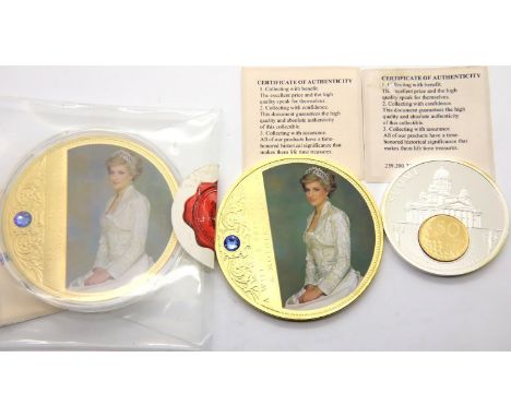 Two large Swarovski jewelled coins of lady Diana and a Finnish coin. P&amp;P Group 1 (£14+VAT for the first lot and £1+VAT fo