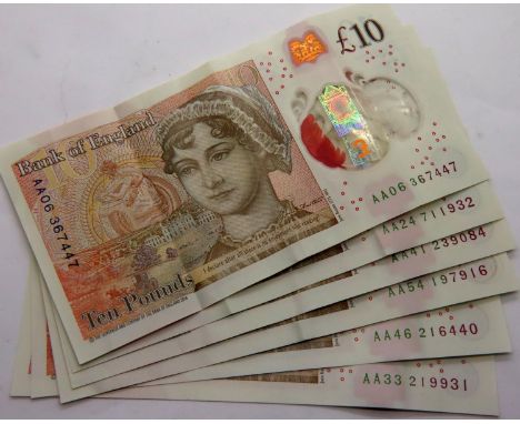 Six AA £10 notes in circulated condition including AA06. P&amp;P Group 1 (£14+VAT for the first lot and £1+VAT for subsequent