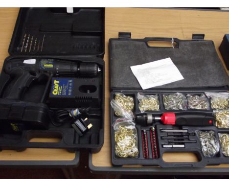 Cordless drill together with screwdriver and others